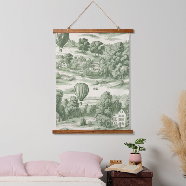 Green Countryside Hot Air Balloon Toile (6) Hanging Tapestry (Bedroom)