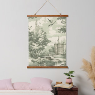 Green Countryside Hot Air Balloon Toile (7) Hanging Tapestry