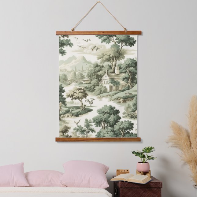 Green Countryside Hot Air Balloon Toile (8) Hanging Tapestry (Bedroom)