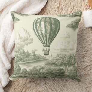 Green Countryside Hot Air Balloon Toile Cushion