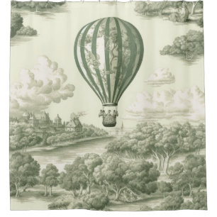 Green Countryside Hot Air Balloon Toile Shower Curtain