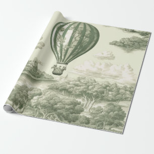 Green Countryside Hot Air Balloon Toile Wrapping Paper