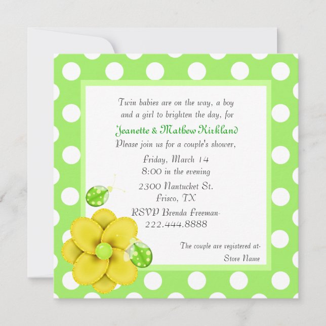 Green Couple's Twins Baby Shower Invitation (Front)