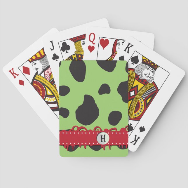 Green Cow, Cow Print, Cow Spots, Monogram Playing Cards (Back)