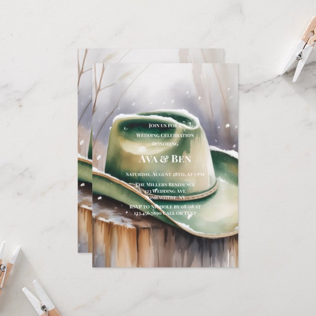 Green Cowboy Hat in Snow Wedding Celebration  Invitation (Front/Back In Situ)