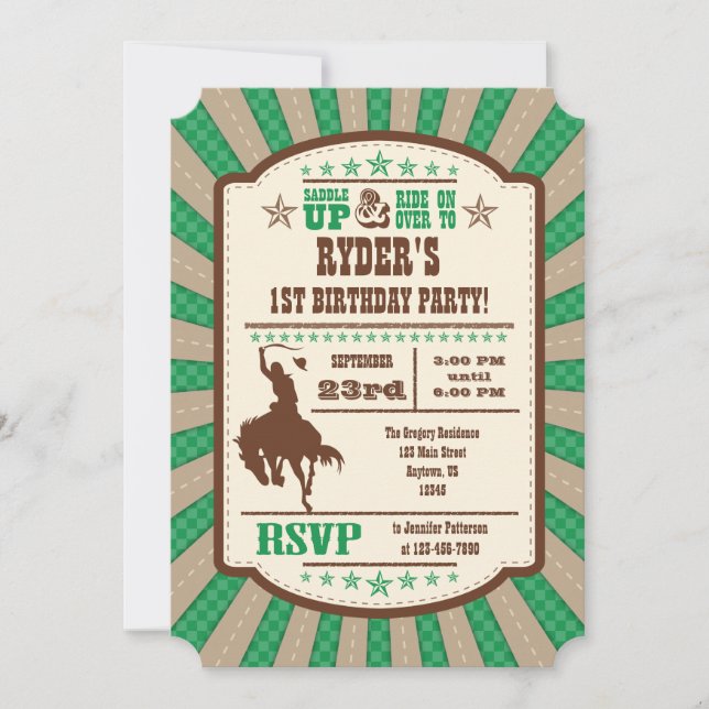 Green Cowboy Rodeo Birthday Party Invitation (Front)