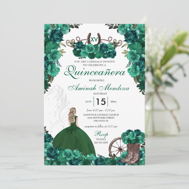 Green Cowgirl Boots Ranch Charra Quinceañera Invitation (Standing Front)
