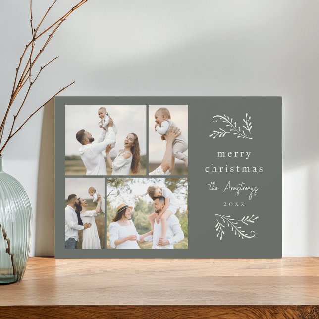 Green & Cream Botanical 4 Photo Collage Holiday Card (Creator Uploaded)