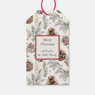 Green Cream Christmas Pine Cone Red Glitter Border Gift Tags