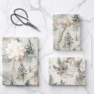 Green Cream Christmas Trees Deer Wrapping Paper Sheet