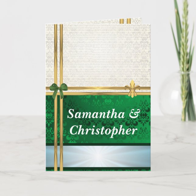 Green & cream damask wedding invitation (Front)