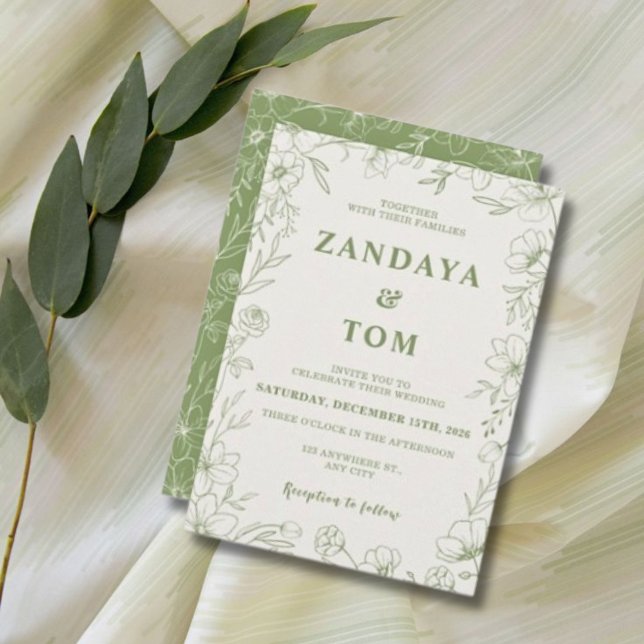 Green & Cream Floral Bordered Wedding Invitation (Creator Uploaded)