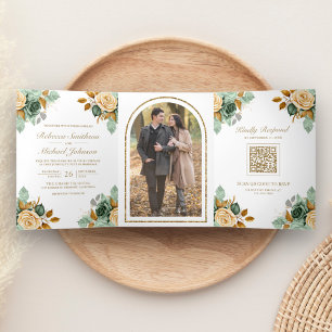 Green Cream Floral Gold QR Code Photo Wedding Tri-Fold Invitation