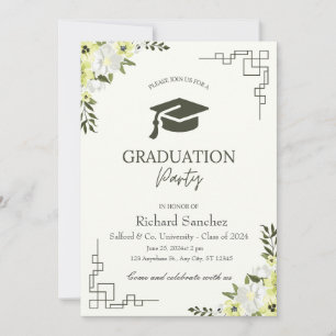 Green Cream Floral minimaliste simple Graduation  Invitation