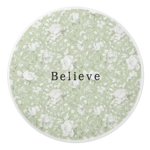 Green Cream Flowers Believe Ceramic Knob