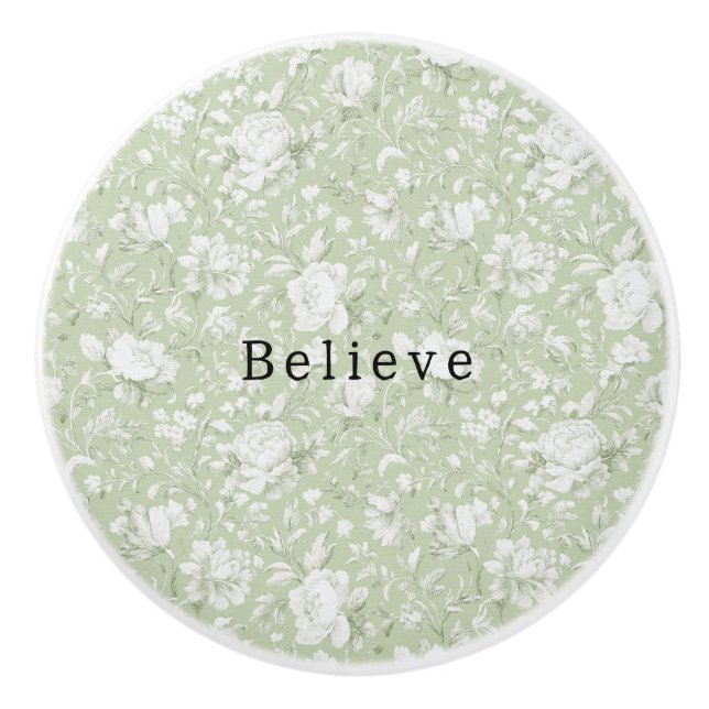 Green Cream Flowers Believe Ceramic Knob (Front)