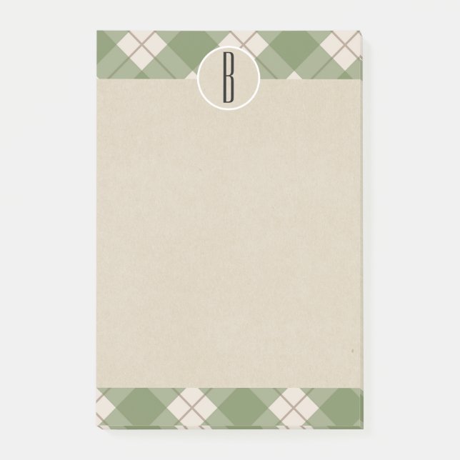 Green Cream Plaid Kraft Rustic Monogram Initial Post-it Notes (Front)