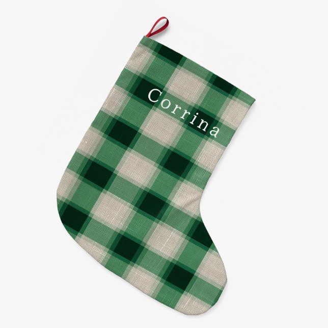Green Cream Plaid Large Christmas Stocking (Front (Hanging))