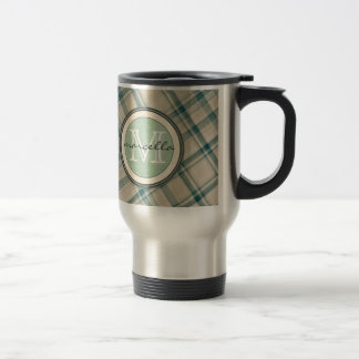 Green Cream Plaid Monogram Travel Mug