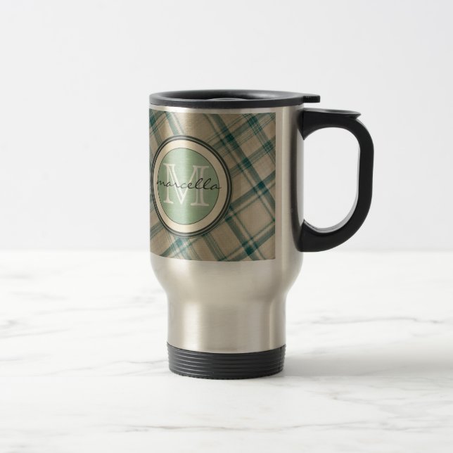 Green Cream Plaid Monogram Travel Mug (Right)
