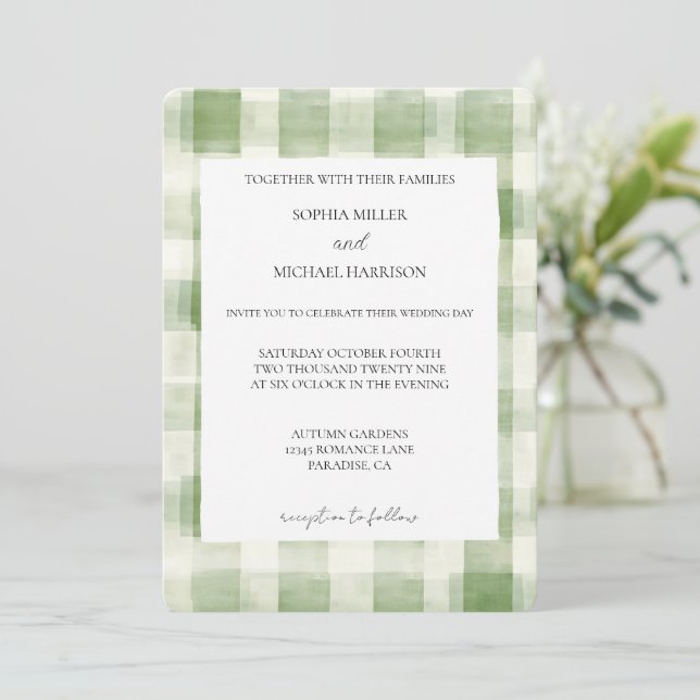 Green Cream Plaid Stripes Country Wedding Invitation (Standing Front)