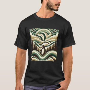Green Cream Retro Art Deco Waves Penguin Tree Fore T-Shirt
