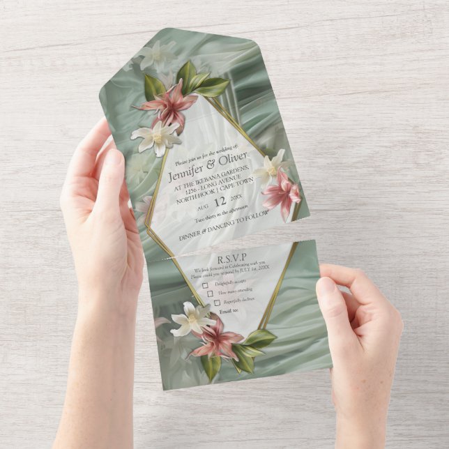 Green, Cream, Silk Drapes & Pinkish Flowers All In One Invitation (Tearaway)