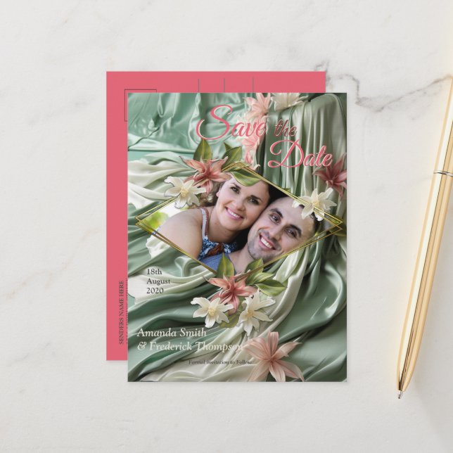 Green, Cream, Silk Drapes & Pinkish Flowers Announcement Postcard (Front/Back In Situ)