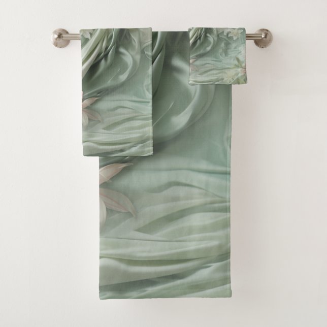 Green, Cream, Silk Drapes & Pinkish Flowers Bath Towel Set (Insitu)