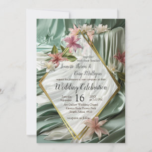 Green, Cream, Silk Drapes & Pinkish Flowers Invitation
