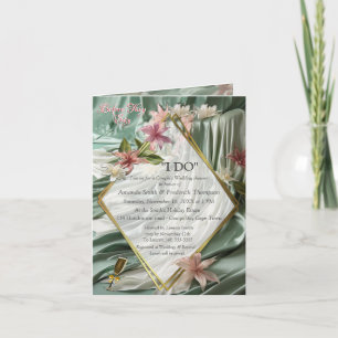 Green, Cream, Silk Drapes & Pinkish Flowers Invitation