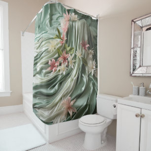Green, Cream, Silk Drapes & Pinkish Flowers Shower Curtain