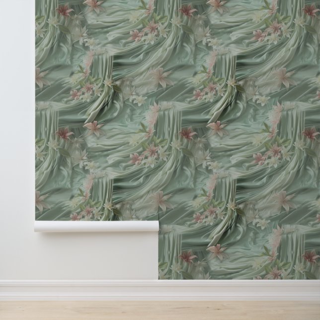 Green, Cream, Silk Drapes & Pinkish Flowers Wallpaper (Application)
