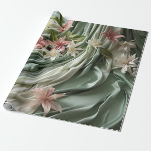 Green, Cream, Silk Drapes & Pinkish Flowers Wrapping Paper