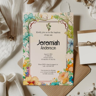 Green Cream Simple Elegant Floral Catholic Baptism Invitation