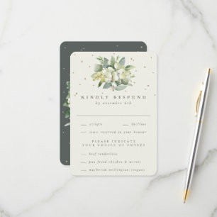 Green/Cream Snowberry+Eucalyptus Bouquet Wedding RSVP Card