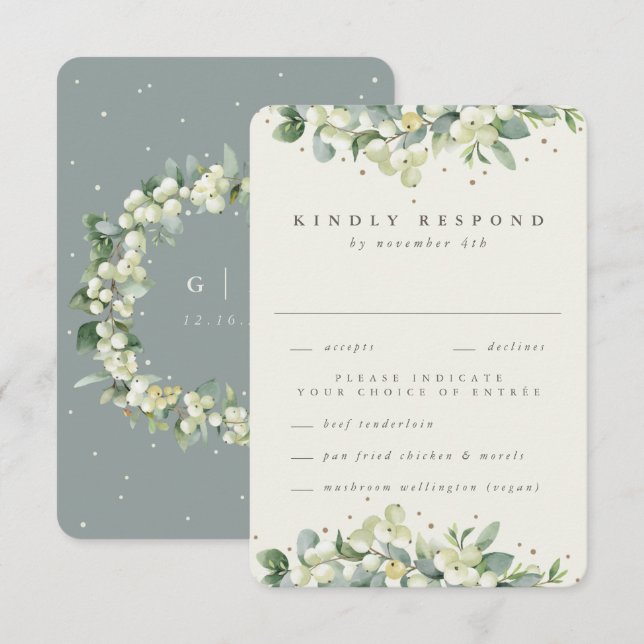 Green/Cream Snowberry+Eucalyptus Edged Wedding RSVP Card (Front/Back)