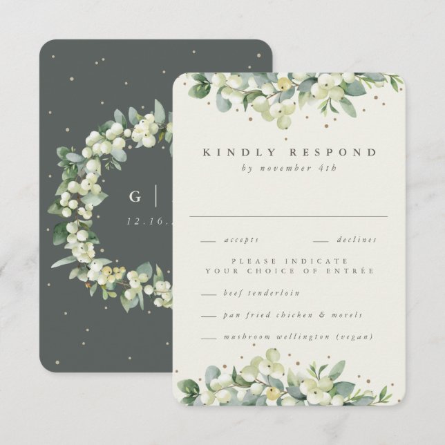 Green/Cream Snowberry+Eucalyptus Edged Wedding RSVP Card (Front/Back)