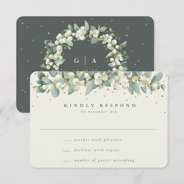 Green/Cream Snowberry+Eucalyptus Garland Wedding RSVP Card (Front/Back)