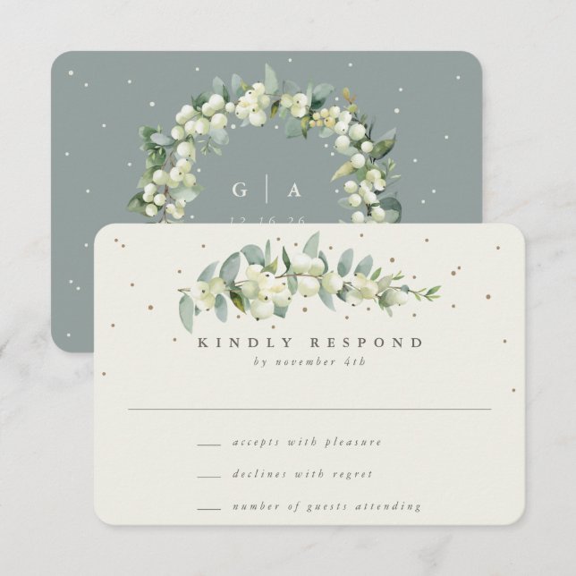 Green/Cream Snowberry+Eucalyptus Stem Wedding RSVP Card (Front/Back)