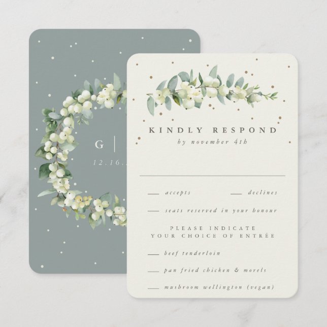 Green/Cream Snowberry+Eucalyptus Stem Wedding RSVP Card (Front/Back)
