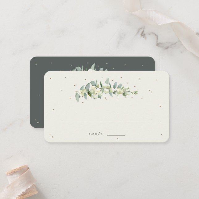 Green/Cream Snowberry+Eucalyptus Wedding Flat Place Card (Front/Back In Situ)