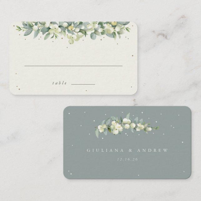 Green/Cream Snowberry+Eucalyptus Wedding Flat Place Card (Front/Back)