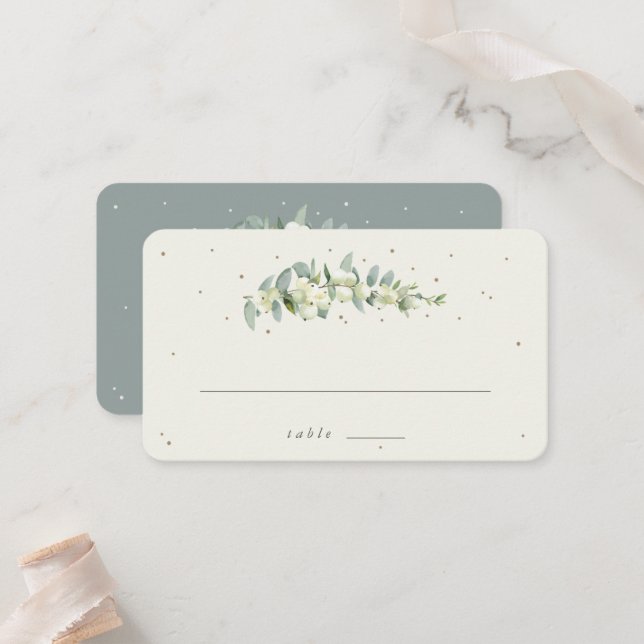 Green/Cream Snowberry+Eucalyptus Wedding Flat Place Card (Front/Back In Situ)