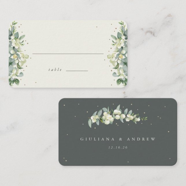 Green/Cream Snowberry+Eucalyptus Wedding Flat Place Card (Front/Back)