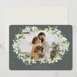 Green/Cream Snowberry+Eucalyptus Wedding Photo Thank You Card