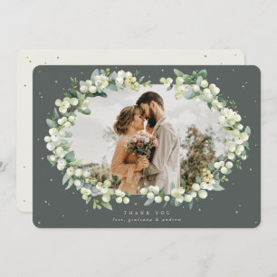 Green/Cream Snowberry+Eucalyptus Wedding Photo Thank You Card