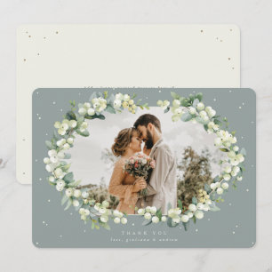 Green/Cream Snowberry+Eucalyptus Wedding Photo Thank You Card