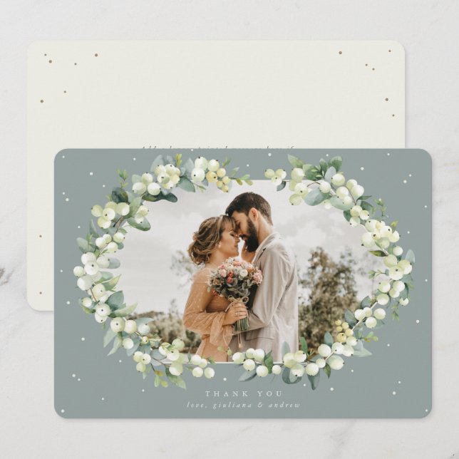 Green/Cream Snowberry+Eucalyptus Wedding Photo Thank You Card (Front/Back)