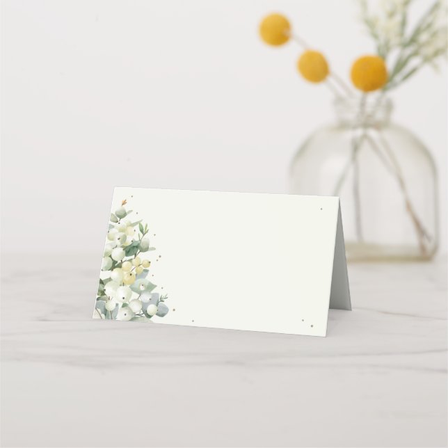 Green/Cream Snowberry+Eucalyptus Wedding Place Card (Front)